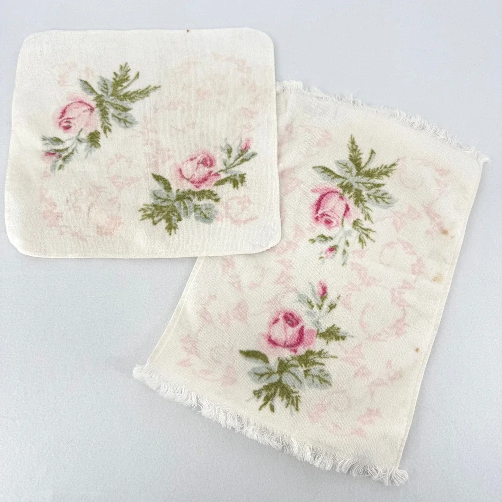 Vintage Martex Terri-Down Towels‎ White Pink Rose Floral Cotton READ